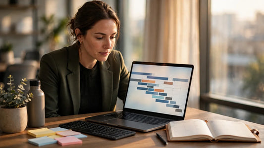 Project manager reviewing a project timeline on a laptop at a modern office desk