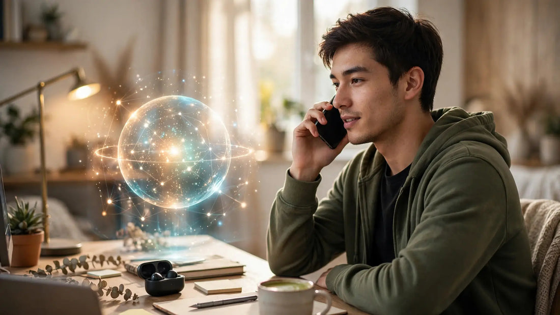 Person talking to the Muse AI assistant on a smartphone, glowing chat interface