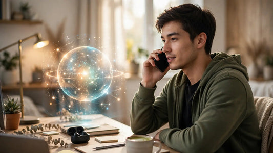 Person talking to the Muse AI assistant on a smartphone, glowing chat interface