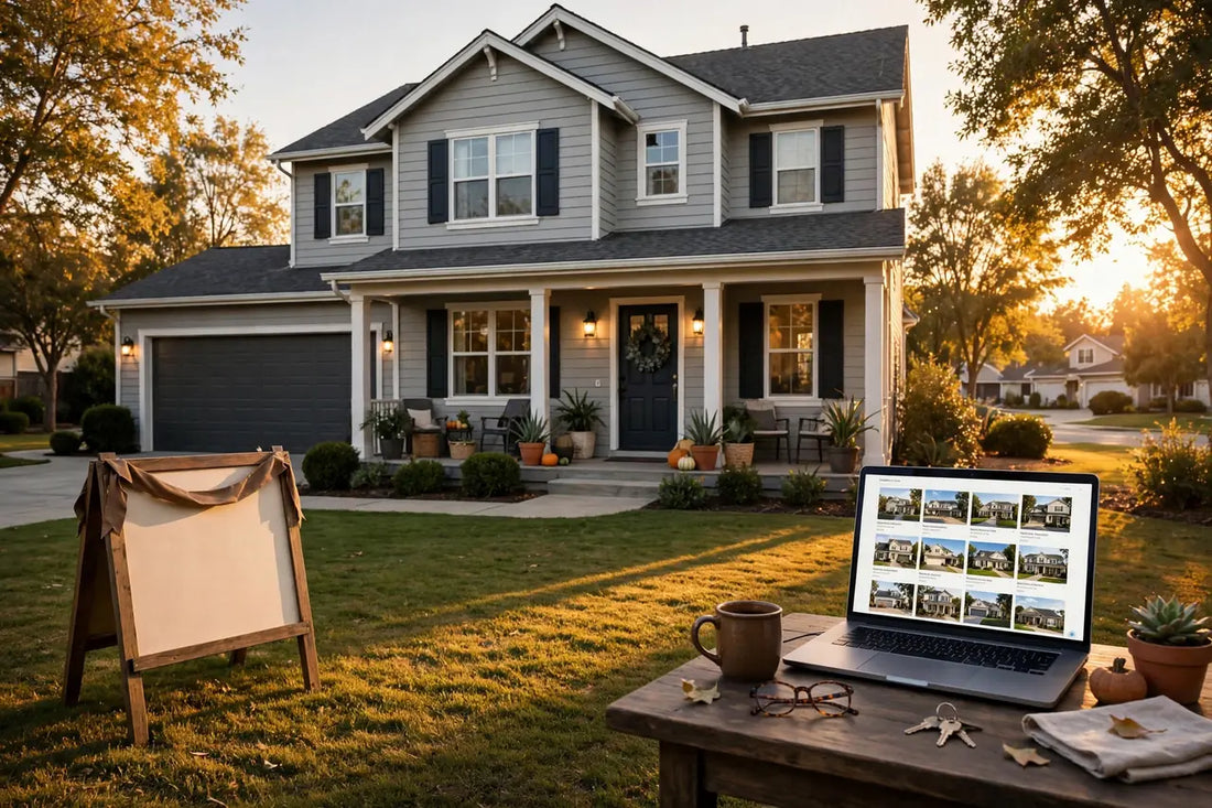 Suburban house with a for-sale listing sign at golden hour, laptop showing property listings on a porch table