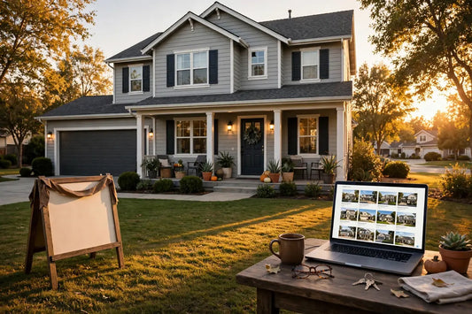 Suburban house with a for-sale listing sign at golden hour, laptop showing property listings on a porch table