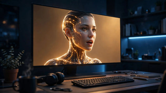 Futuristic video call with an AI agent avatar on a large screen, cinematic realistic scene