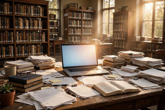 A researcher's desk piled with academic papers and books around a glowing laptop, library shelves behind