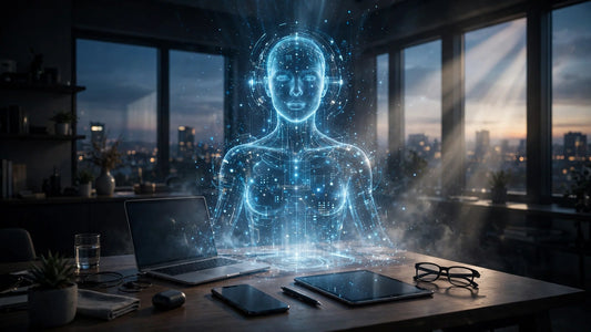 Futuristic AI avatar hologram above smartphone laptop tablet and smart glasses, Muse roadmap