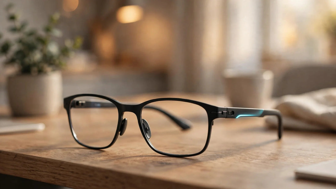A pair of sleek smart glasses with a subtle AI glow resting on a desk