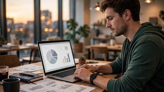 Startup founder preparing a pitch deck on a laptop in a modern coworking space at dusk