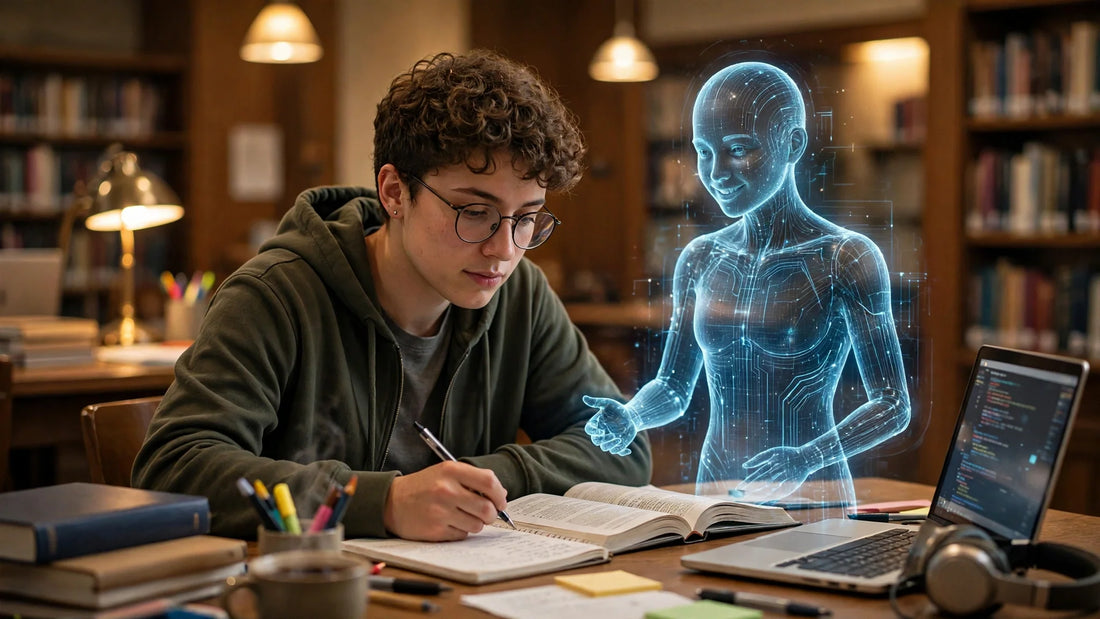 College student studying with books, laptop and holographic AI tutor