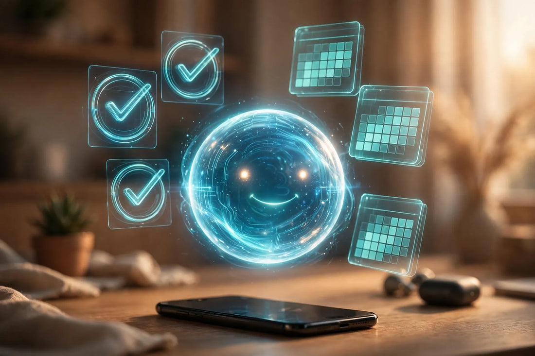 Glowing AI orb with floating checklist and calendar holograms above a smartphone