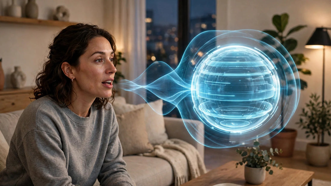 Person talking to a glowing friendly AI orb in a modern living room, voice waves in the air