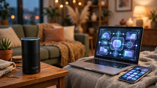 Amazon Echo smart speaker and Meta Muse AI agent interface side by side in a modern living room