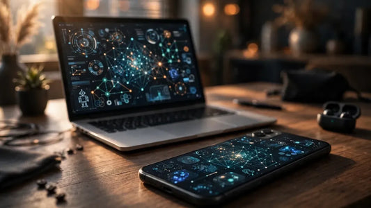 A smartphone on a desk next to a laptop showing an AI agent workspace, cinematic side lighting