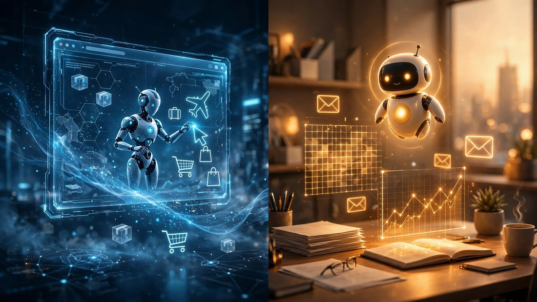 Split scene comparing an autonomous AI agent's virtual browser completing online tasks and an office productivity assistant helping with documents