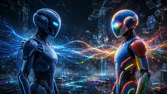Cinematic illustration of two AI assistants, Meta Muse in blue and Google Gemini in multicolor, facing each other across a glowing digital arena