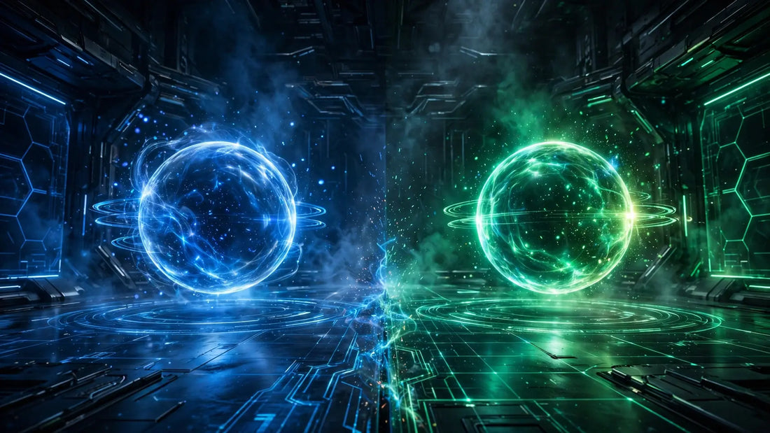 Two glowing AI agent orbs facing off in a futuristic holographic arena