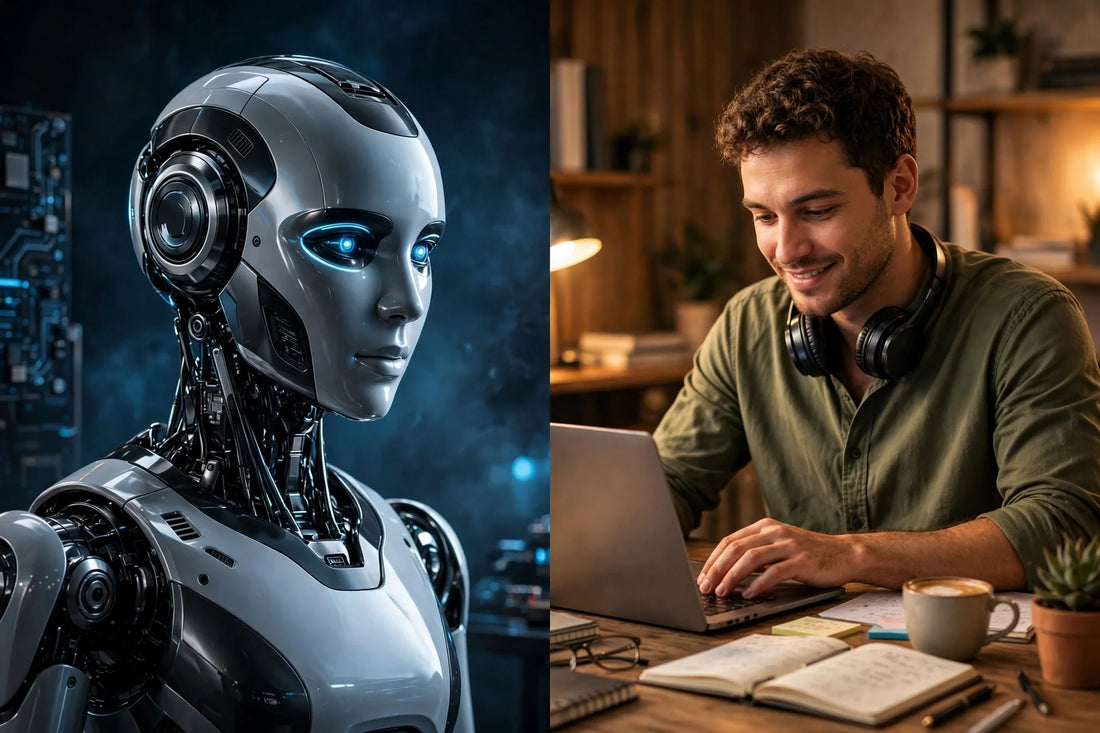 Split illustration of Meta's Muse AI agent interface beside a home office desk where a virtual assistant works