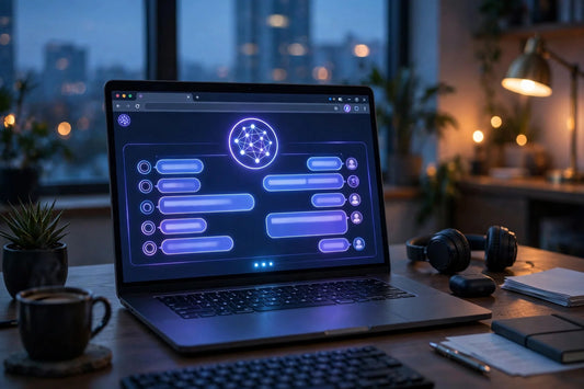 Person using the Muse web app at muse.ai on a laptop browser, cinematic realistic style