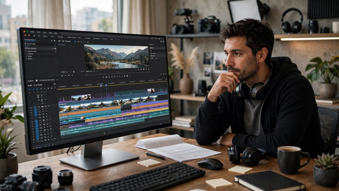 Creative professional reviewing video editing timeline and licensing contract at a studio desk